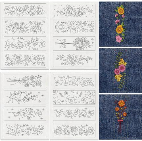 DOODLREAM 16 unidades de patrón de bordado estabilizador con vid de flores, marcapáginas de 8,3 x 11,7 pulgadas, esquina, adhesivo soluble y bordado, 4 hojas de papel de bordado de flores para coser a