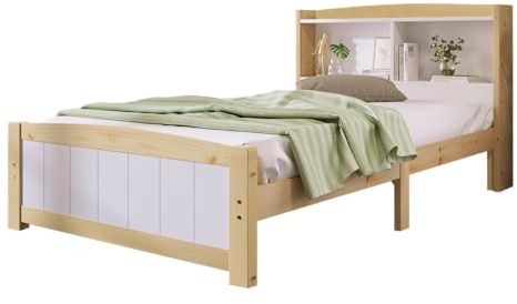 SogesPower Massivholz-Einzelbett mit Stauraum-Kopfteil & Lattenrost – Kiefer Natur/Weiß, 90x200 cm | Kinder- & Jugendbett, Platzsparend, Ohne Matratze