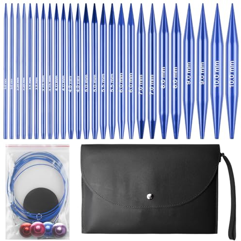 13 Paare Austauschbare Rundstricknadeln Set, 3-10 mm mit 4 Strickkabeln & Zubehör, Aluminium Strickzubehör für Anfänger bis Profis, Stricknadeln Rundstricknadel mit Aufbewahrungstasche, Blue