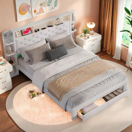 Dormely Lit 140x200 avec Sommier LED et USB, Tête de Lit avec Rangement, Velours, Lit Double pour Adultes et Adolescents, Blanc Tissu en Velours, sans Matelas