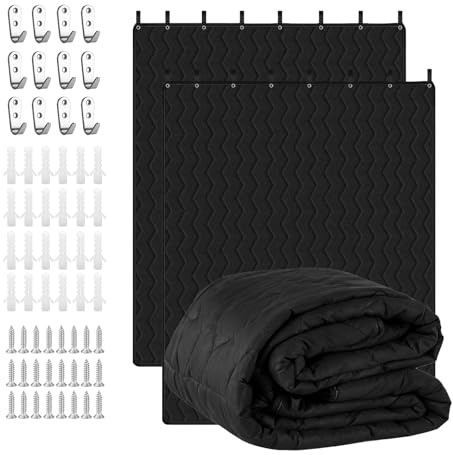 Sound Dampening Blanket 96 x 80, 2 Pcs Lightweight Automotive-Grade Acoustic Soundproof Curtain with Grommets, Hanging Loops & Wall Hooks, Noise Blocking Blankets for Doorway, Home Office & Studio