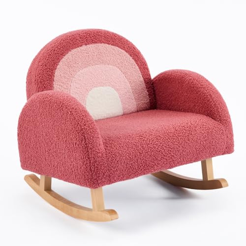 JOYMOR Kids Chair, Teddy Fleece Toddler Rocking Chair with Solid Wood Legs, Anti-Tip Design, Kids Sofa for Nursery, Playroom, Red