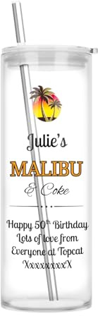 Personalised Tall Glass Tumbler, 750ml Clear Highball Glass with Lid and Metal Straw, Custom Malibu Spirit and Mixer Design - Dishwasher Safe (Coconut Rum)