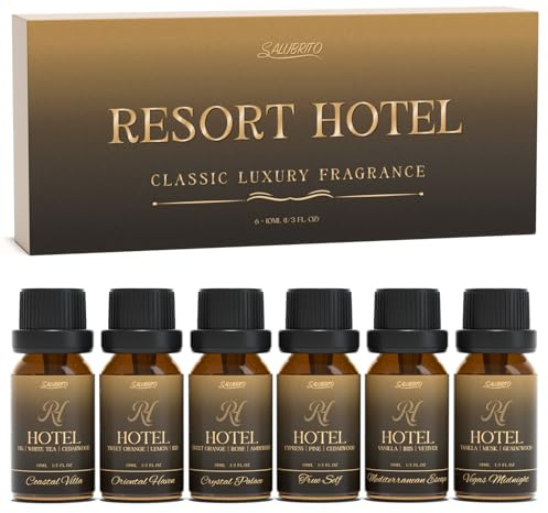 SALUBRITO Resort Hotel Essential Oil Set for Diffuser, Home, Luxury Scented Oil for Soap, Candle Making, Coastal Villa, Oriental Haven, Crystal Palace, True Self, Mediterranean Escape, Vegas Midnight