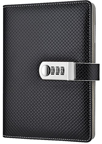 PU Leather Password Notebook Writing Journal Diary Planner Organizer with Combination Lock, Knitting Style A5 Size(210x145mm) Wire Binding Lined Notepad with Coded Lock, Pen Holder