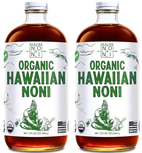 Healing Noni - 100% Pure Noni Juice - USDA Organic, Full Strength, Wellness Drink, Hawaiian-Grown Superfood - (32oz, 2 Pack)