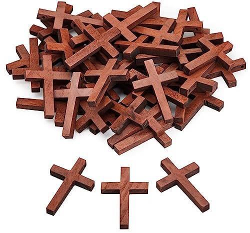 Genie Crafts Kleine Kreuz-Anhänger aus Holz (Set, 50 Stück) – Ideal zum Basteln, als Kettenanhänger, Schlüsselanhänger - Dekoration Zuhause, in Schule und Büro - Braun, 3 x 4,4 cm