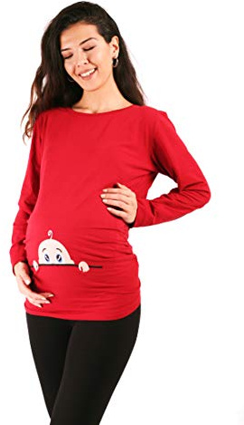 M.M.C. Nyfiken baby – mammaskjorta med motiv sweatshirt graviditetströja för graviditet, långärmad, Vinröd, L