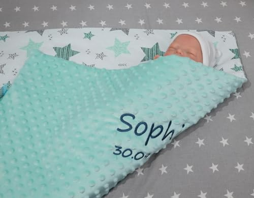 Generisch ★ Babydecke mit Namen und Datum Bestickt ★ Baumwolle ★75x100 cm ★ Füllung ★personalisiert (Minze - Minze Sternen)