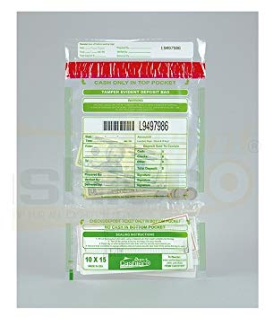 Cashier Depot Manipulationssichere Bankeintüten, 25,4 x 38,1 cm, transparent, 2 Fächer, serialisierte Nummerierung, Barcode, Press- und Versiegelungsklebeband