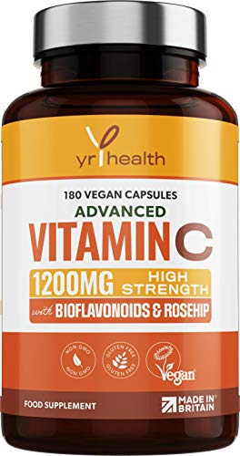 Vitamin C 1200mg Immune Support with Bioflavonoids and Rosehip | 180 Vegan Vitamin C Capsules not Tablets | Slow Release VIT C Ascorbic Acid | Made in The UK by YrHealth