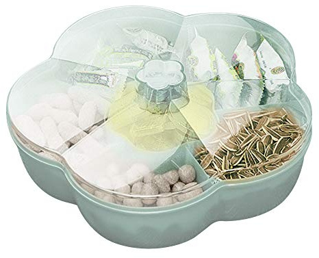 ISAKEN Aufbewahrungsbox für Snacks, Süßigkeiten und Nüsse, Snack-Tablett in Blumenform, 5 geteilte Fächer aus Kunststoff, Aufbewahrungsbox für Lebensmittel, Tablett für Aperitif mit Deckel