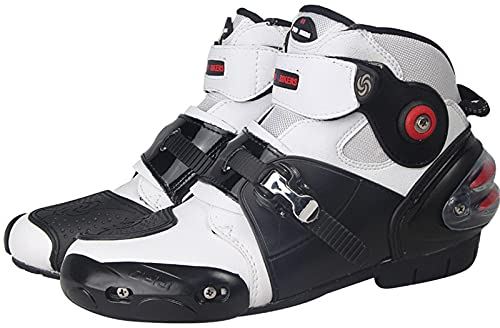 Sebasty Stivali da Moto Professionali da Uomo Stivali da Motocross alla Caviglia Stivali da Moto in Pelle Microfibra Scarpe da Moto Fuoristrada,White-46