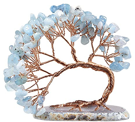 mookaitedecor Natural Aquamarine Crystal Money Tree Agate Slice Base Feng Shui Bonsai Crystal Tree for Wealth Luck Desk Decor, 3-4 Inch High