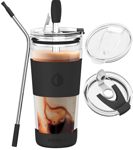 Hemli 19 oz. Double Wall Glass Coffee Tumbler, To Go Travel Mug with Lid, Portable Glass Thermos with Straw, Reusable Cup, Tea, Smoothies, Ice Coffee, and Boba