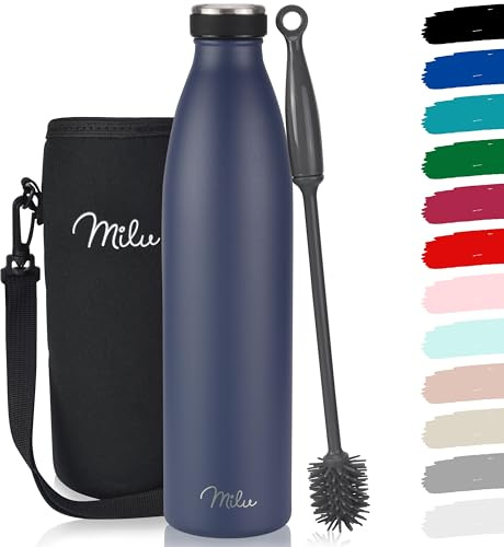 Milu Edelstahl Trinkflasche 350ml 500ml 750ml 1L 1,5L Thermosflasche Isolierte Wasserflasche, Auslaufsichere Isolierflasche doppelwandig Kohlensäure geeignet – inkl. Reinigungsbürste (Navyblau, 1L)