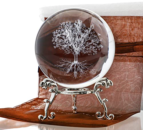 H&D HYALINE & DORA Bola de cristal del árbol de la vida de 60 mm con soporte, pisapapeles decorativo, 3D, grabado con láser, esfera de árbol de la vida, novedad para decoración del hogar
