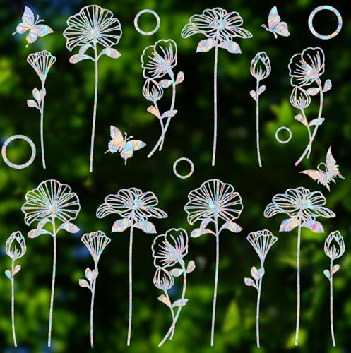 25 Pieces Flower and Butterfly Ring Window Decals for Bird Strike Prevention - Reusable Rainbow Suncatcher Clings to Save Birds, Non-Adhesive Anti-Collision Stickers, Easy Remove No Residue
