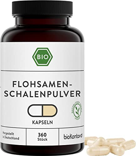 bioKontor – BIO Flohsamenschalen Kapseln 360 Stück – 4200mg Tagesdosis | 2-Monats-Vorrat – vegan – deutsche Herstellung – Flohsamenschalen gemahlen Bio – Flohsamenschalenpulver – Psyllium Husk