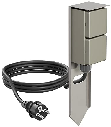 ledscom.de Garten Steckdosen-Säule PIWI mit Erdspieß und 2m Kabel für außen, IP44, 2-Fach, Edelstahl