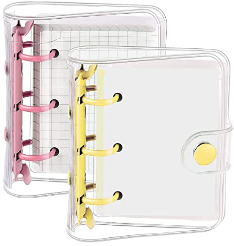 HOOPOE Mini Notizbuch, 2 Sets Transparent Ringbuch Hüllen mit 3 Ringen und Lnnen Papier Ordnertasche Durchsichtig Weich PVC Notizbuch Rund Ringbuch mit Druckknopf