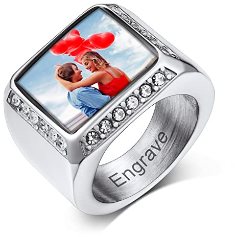 Custom4U Personalisierter Siegelring Herren Edelstahl mit Farbbild/Schwarzes Bild Gravur Memorial Männer Jungen Ehering Verlobungsring Silber/Schwarz/Gold Ringgröße 54.4(17.25)-72.3(22.75)