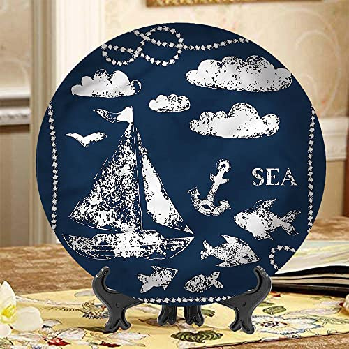 XISUNYA 10 Inch Navy Blue 3D Printed Decorative Plate,Boat Clouds Anchor Round Porcelain Ceramic Plate Decor Accessory for Dining, Parties, Wedding