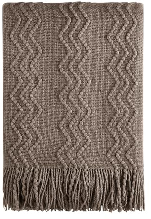 BOURINA Textured Solid Soft Sofa Throw Couch Cover Knitted Decorative Blanket,Brown, 127x152cm