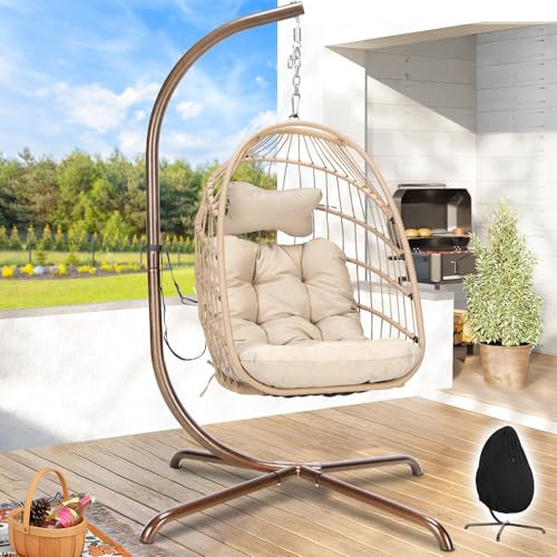 RADIATA Hanging Egg Chair with Stand and Cover, Indoor Outdoor Heavy Duty Foldable Rattan Swing Hammock with Cushion, 350Lbs Royal Craft Dome Shape Eggshell Basket Seat for Porch Garden Bedroom, Cream