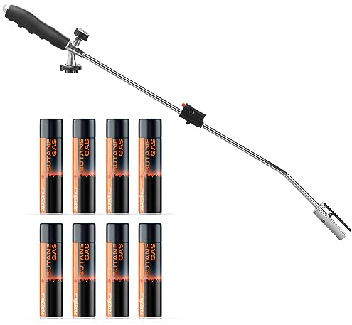 Jazooli Gas Powered Weed Killer - Auto-Ignition Weed Burner Blow Torch - Pet Friendly Weed Killer | Extra Strong Garden Weed Remover Tool - Butane Gas Canisters x 8