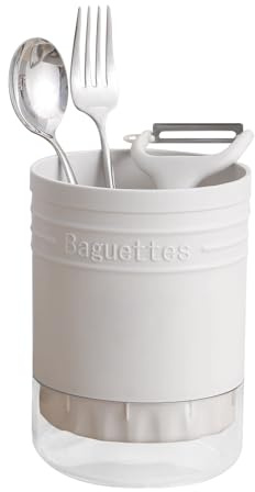 Soporte Utensilios Cocina Plástico Escurridor Cubiertos Redondo Blanco | Organizador Encimera con Compartimentos para Tenedores Cucharas Palillos