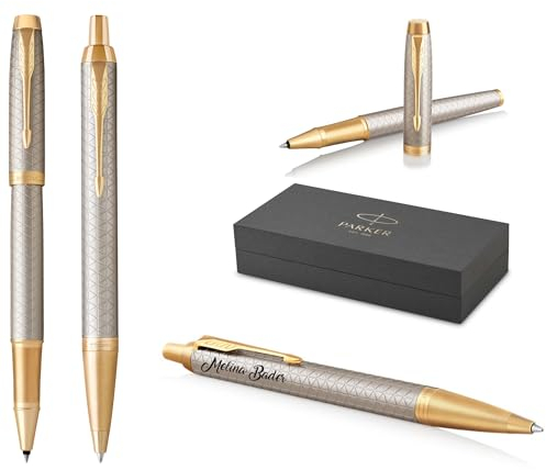 PARKER IM Premium Tintenroller und Kugelschreiber mit Gravur | Premium Stift | Geschenkbox | personalisiertes Geschenk | Jahrestag | Geburtstag (Warm Silver G.C.)
