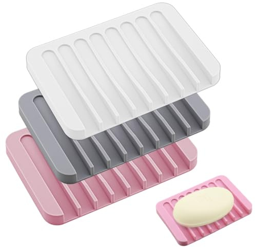 GGUFAY 3 Stück Weiß Seifenschale Silikon, Seifenschale mit Ablauf, Seifenhalter Silikon für Badezimmer Dusche Rutschfreies Design Seifenablage für Bad Küche Zähler