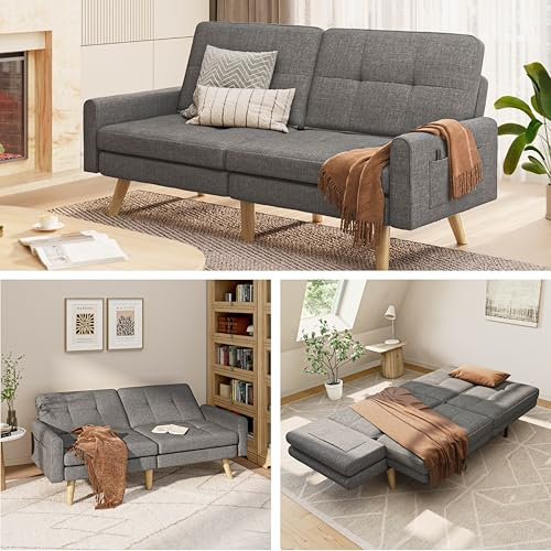 Gizoon Bäddsoffa, 180 cm bäddsoffa med justerbart ryggstöd, modern futonsoffa med avtagbart armstöd, sovsoffa kärlekssoffa med 6 träben, 2 metallstödstänger, mörkgrå.