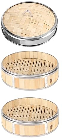 ANSNOW Bamboo Steamer Basket, 2-Tiers with Lid Steamer Basket Rice Cooker Bamboo Cooker Steaming Rack with Stainless Steel Banding –for Rice, Dim Sum, Vegetables, Meat and Fish (8 Sizes)/2 Tiers & L