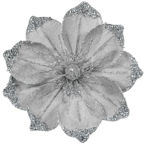 Briful 6 Stücke Weihnachtsblumen Christbaumschmuck Magnolie Kunstblumen Wie Echt Silber Kunstzweig Weihnachtliche Dekoration für Weihnachtsbaum Neujahr Dekoration