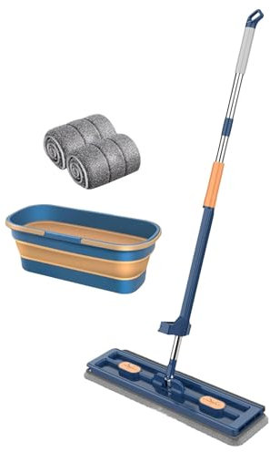 Mopa plana de microfibra grande – Mopa plana para apretar – Limpiador de suelos multiusos con 2 almohadillas de microfibra lavables para el hogar y la cocina