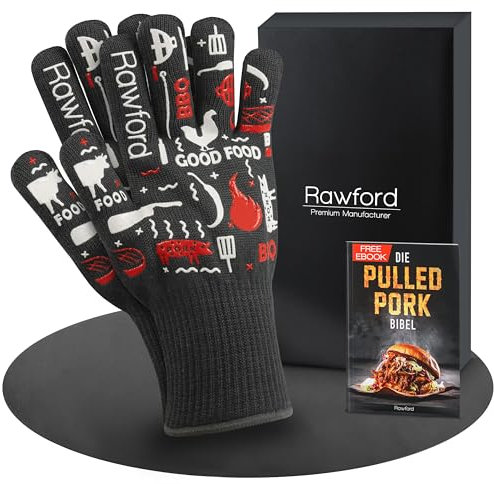 Rawford Grillhandschuhe hitzebeständig – Grillhandschuh & Grill Handschuhe mit Silikon-Grip – feuerfeste Handschuhe Kamin, BBQ- und Ofenhandschuhe Größe L mit Aufhängschlaufe & Innenfutter
