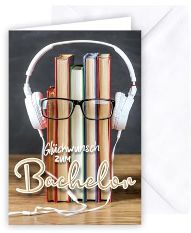 KE - Besondere Karte zum bestandenen Bachelor, Format B6 Glückwunschkarte Bachelor Abschluss, Studium, weißer Karton, Motiv: Kopfhörer mit Brille