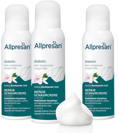 Allpresan diabetic Repair Schaum-Creme Fußpflege mit Urea und beruhigendem Duft für sehr trockene bis rissige Füße bei Diabetes mellitus - 3 x 125ml