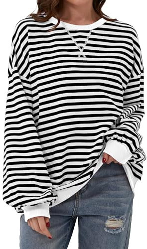Chicrise Pullover Damen Damen Runde Ausschnitt Gestricktes 2024 Oberteile Gestreifter Langarmshirt Trendy Schwarz-weiß Gestreift 2X Groß 50-54