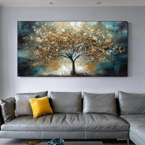 MHLCMG Affiche Paysage Abstrait Arbres Bleu Doré Toile Tableau Art Peintures sans Cadre Decoration Murale pour Salon Chambre Tableau Decoration (57X100CM)