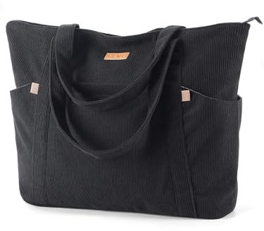 Lekespring Cord Tasche Damen, Groß Tote Bag Strandtasche mit Reißverschluss, Shopper Tasche Damen Laptoptasche mit 17 Zoll Laptopfach, Elegant Handtasche Umhängetasche für Arbeit Schule Gym-Schwarz