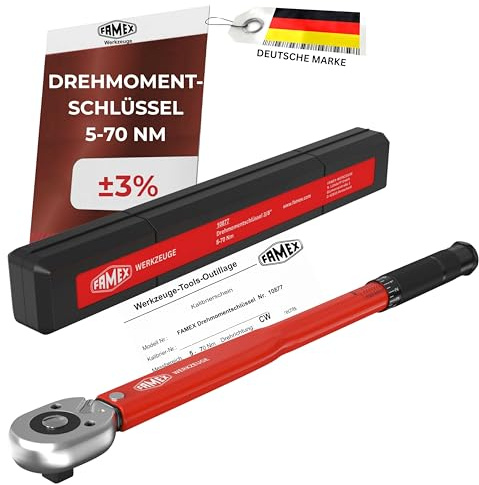 FAMEX 10877 Drehmomentschlüssel 3/8 Zoll (10mm)-Antrieb - 5-70 Nm - ±3% - für Motorrad, Auto, Fahrrad - Messung in beiden Drehrichtungen - geprüft