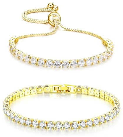 HinDaLi Tennisarmband för Kvinnor Flickor Vänner, Guld, Justerbar | 2 st, Gnistrande, Klassisk, Kubisk Zirkonia