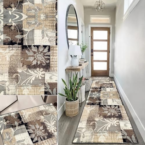 Lanmuvo Teppich Läufer rutschfest 50x250cm Küchen Teppich, Waschbar Polyester Lange Flur Küchenläufer für Korridor, Modern Vintage Kücheläufer Teppichläufer für Wohnzimmer, Küche, Anpassbar