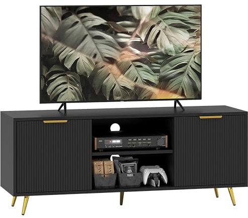 HOMCOM Modern TV Stand Cabinet for TVs up to 55, TV Unit with 2 Open Shelves and 2 Cabinets, Entertainment Centre with Cable Management for Living Room, Black