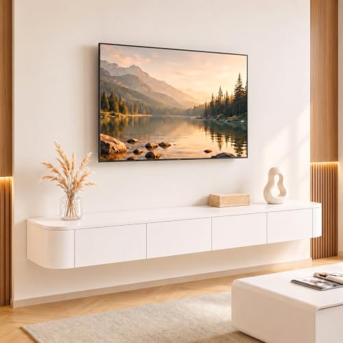 Ribanedy Mueble TV Suspendido Moderna | Consola de Medios de Entretenimiento Montada en la Pared | Banco de TV con Gran Capacidad de Almacenamiento para Sala de Estar y Oficina (Blanco, 300cm)