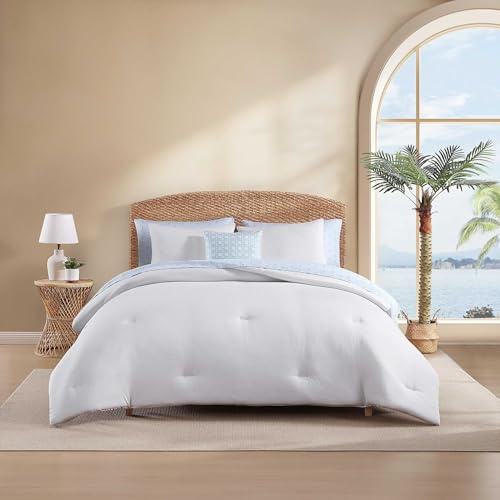 Tommy Bahama - Queen Bonus Bedding Set, Reversible Comforter with Matching Bed Sheets, Shams, Pillowcases, & Decorative Pillow, Wrinkle Resistant Bedding Essentials (Seersucker White, 8-Piece)