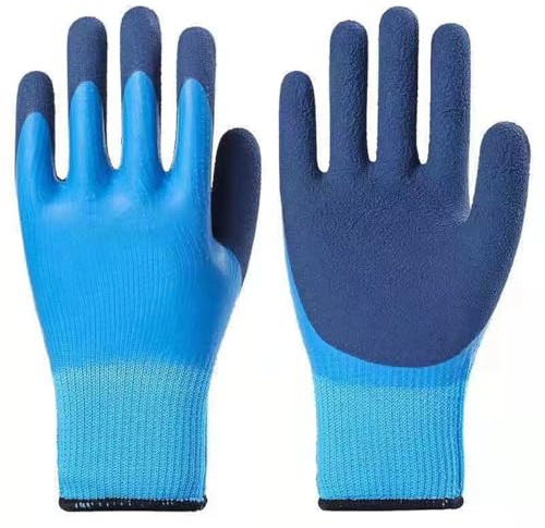 IRCKONCI Wasserdichte Arbeitshandschuhe, Doppelte Latexbeschichtung, Rutschfeste, Atmungsaktive Sicherheitsarbeitshandschuhe Mit Nylongriff, for Wartungsarbeiten, Gartenlogistik, Lagerhaltung(Blue)